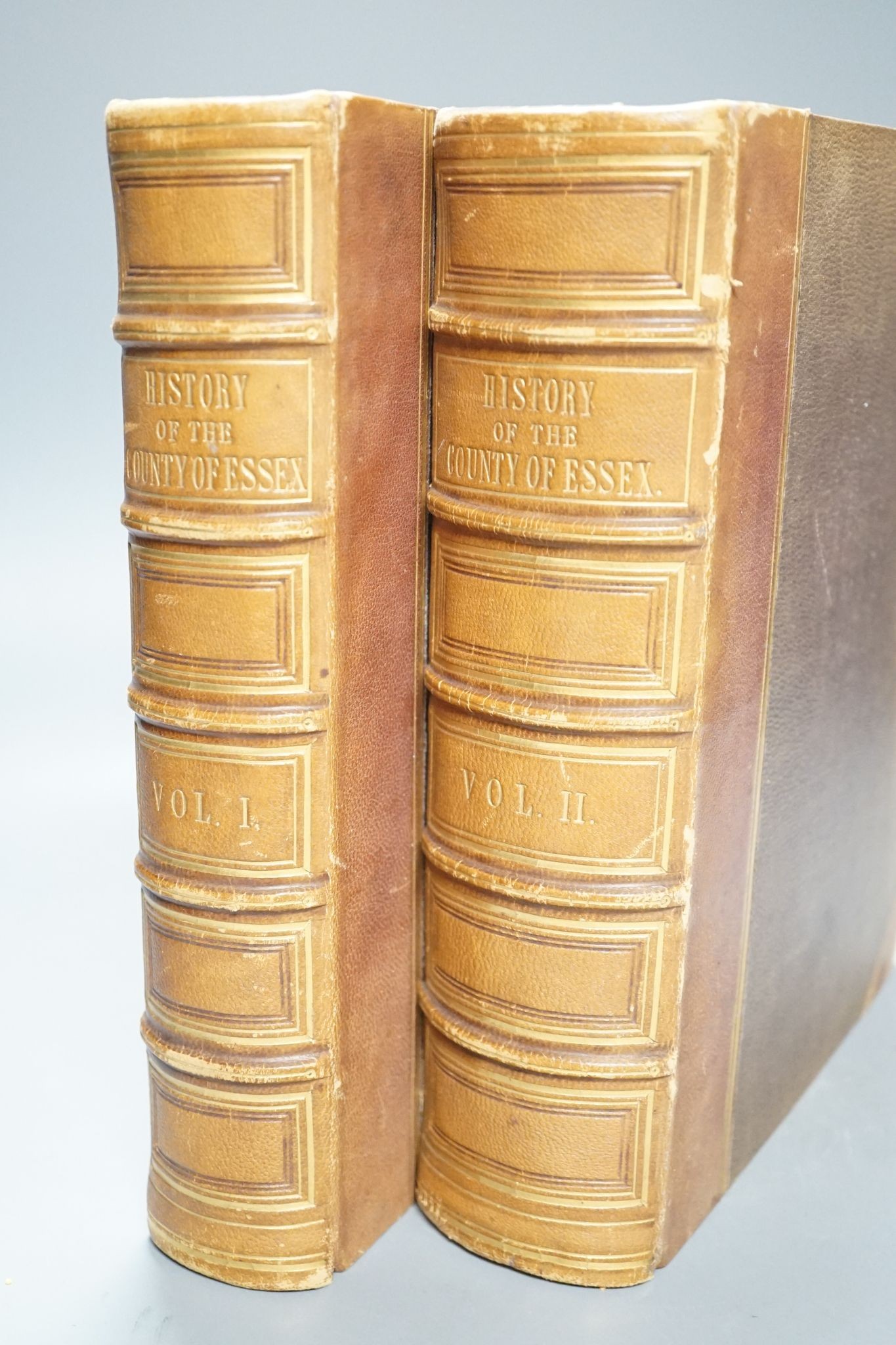 Wright, Thomas - The History and Topography of the County of Essex... 2 vols, pictorial engraved titles, a map and 98 steel-engraved plates; later 19th century gilt-ruled half